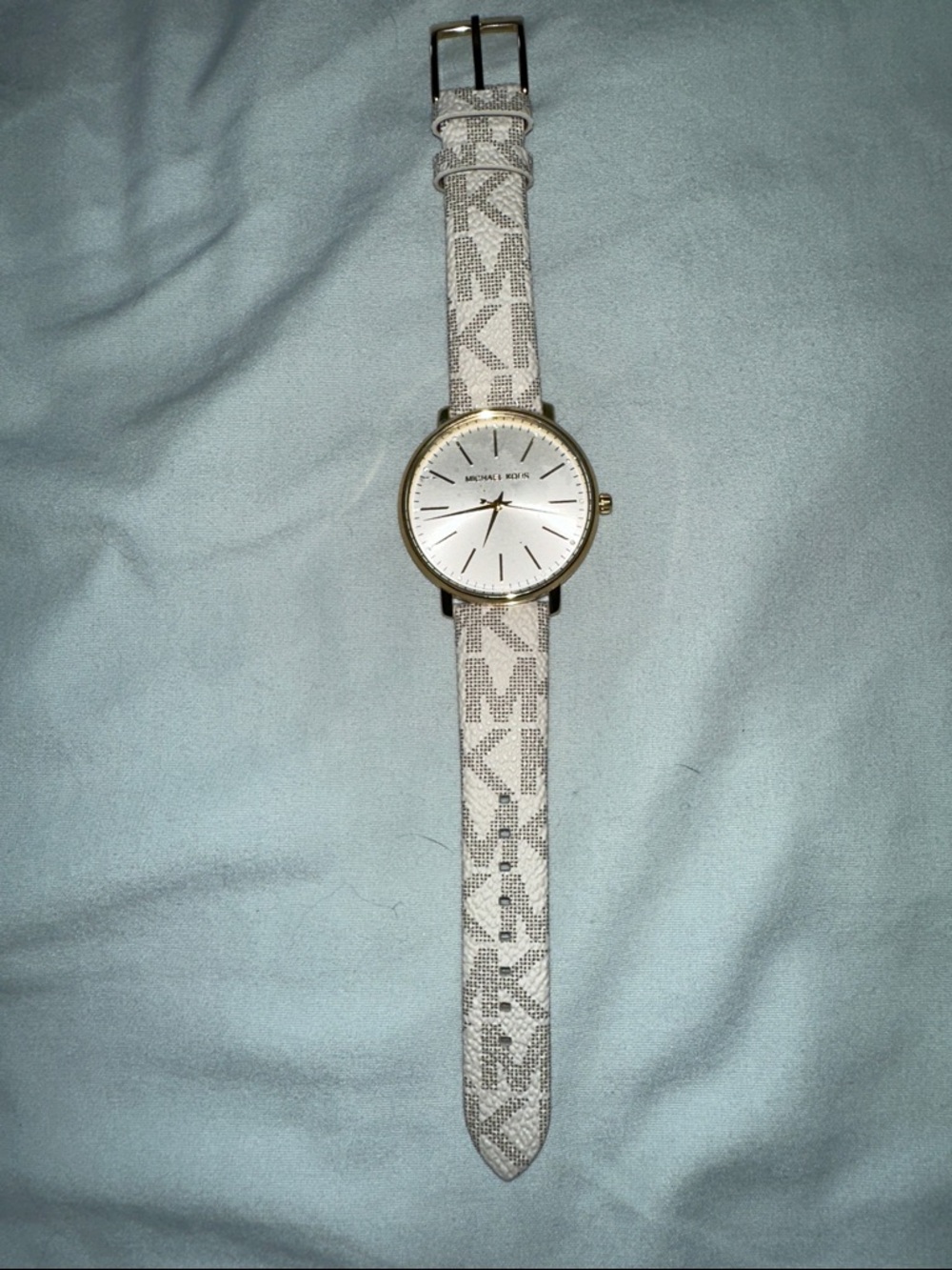 Michael Kors White Logo Pattern Strap Watch with Gold Case